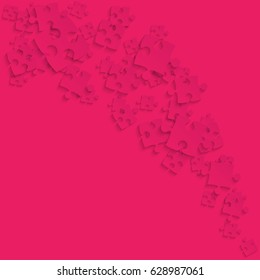 Puzzle background, banner, blank. Vector jigsaw section template. Background with pink puzzle frame separate pieces, mosaic, details, tiles, parts. Square abstract jigsaw. Game group detail.