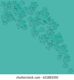 Puzzle background, banner, blank. Vector jigsaw section template. Background with teal puzzle frame separate pieces, mosaic, details, tiles, parts. Square abstract jigsaw. Game group detail.