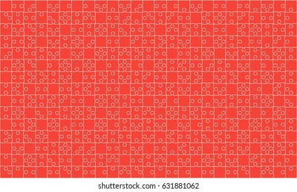 Puzzle background, banner, blank. Vector jigsaw section template. Background with puzzle 375 red separate pieces, mosaic, details, tiles, parts. Rectangle outline abstract jigsaw. Game group detail.