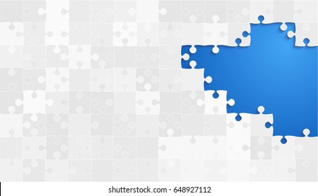 Puzzle background, banner, blank. Vector jigsaw section template. Background with blue puzzle frame separate pieces, mosaic, details, tiles, parts. Rectangle abstract jigsaw. Game group detail.