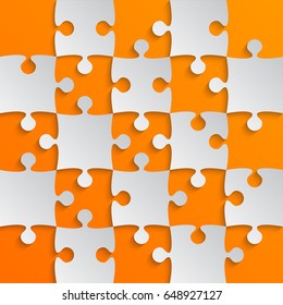 Puzzle background, banner, blank. Vector jigsaw section template. Background with puzzle 25 orange grey separate pieces, mosaic, details, tiles, parts. Square abstract jigsaw. Game group detail.