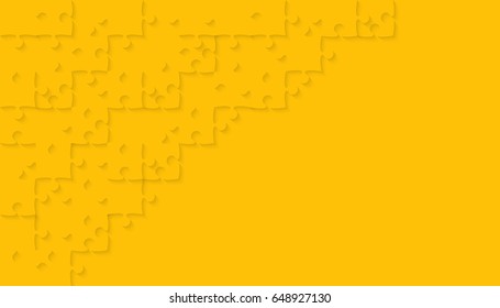 Puzzle background, banner, blank. Vector jigsaw section template. Background with yellow puzzle separate pieces, mosaic, details, tiles, parts. Rectangle abstract jigsaw. Game group detail.