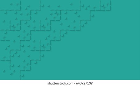 Puzzle background, banner, blank. Vector jigsaw section template. Background with teal puzzle separate pieces, mosaic, details, tiles, parts. Rectangle abstract jigsaw. Game group detail.