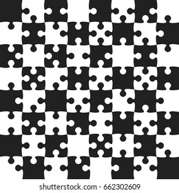 Puzzle background, banner, blank. Vector jigsaw section template. Background with puzzle 64 chess separate pieces, mosaic, details, tiles, parts. Square outline abstract jigsaw. Game group detail.