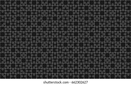 Puzzle background, banner, blank. Vector jigsaw section template. Background with puzzle 375 black separate pieces, mosaic, details, tiles, parts. Rectangle outline abstract jigsaw. Game group detail.