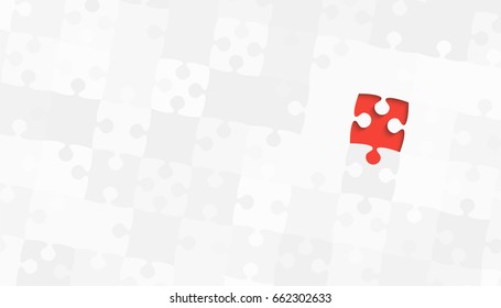 Puzzle background, banner, blank. Vector jigsaw section template. Background with red one puzzle frame separate pieces, mosaic, details, tiles, parts. Rectangle abstract jigsaw. Game one detail.
