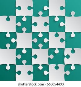 Puzzle background, banner, blank. Vector jigsaw section template. Background with puzzle 25 separate pieces, mosaic, details, tiles, parts. Square outline abstract jigsaw. Game group detail.