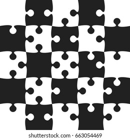 Puzzle background, banner, blank. Vector jigsaw section template. Background with puzzle 25 chess separate pieces, mosaic, details, tiles, parts. Square outline abstract jigsaw. Game group detail.