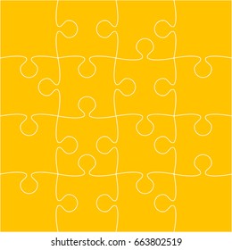 Puzzle background, banner, blank. Vector jigsaw section template. Background with puzzle 16 orange separate pieces, mosaic, details, tiles, parts. Square outline abstract jigsaw. Game group detail.