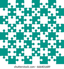 Puzzle background, banner, blank. Vector jigsaw section template. Background with puzzle 64 chess separate pieces, mosaic, details, tiles, parts. Square outline abstract jigsaw. Game group detail.
