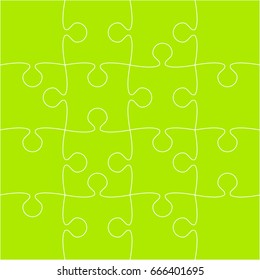Puzzle background, banner, blank. Vector jigsaw section template. Background with puzzle 16 green separate pieces, mosaic, details, tiles, parts. Square outline abstract jigsaw. Game group detail.