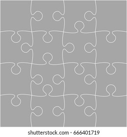 Puzzle background, banner, blank. Vector jigsaw section template. Background with puzzle 16 grey separate pieces, mosaic, details, tiles, parts. Square outline abstract jigsaw. Game group detail.