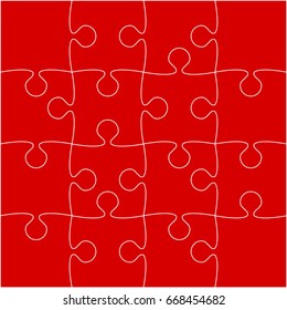 Puzzle background, banner, blank. Vector jigsaw section template. Background with puzzle 16 red separate pieces, mosaic, details, tiles, parts. Square outline abstract jigsaw. Game group detail.