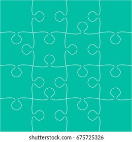 Puzzle background, banner, blank. Vector jigsaw section template. Background with puzzle 16 teal separate pieces, mosaic, details, tiles, parts. Square outline abstract jigsaw. Game group detail.