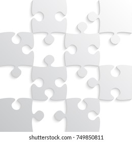 Puzzle background, banner, blank. Vector jigsaw section template. Background with puzzle 16 grey separate pieces, mosaic, details, tiles, parts. Square outline abstract jigsaw. Game group detail.