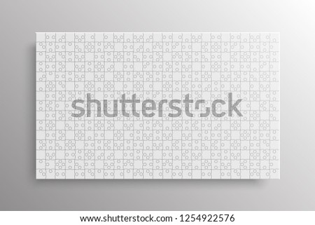 Puzzle background, banner, blank. Vector jigsaw section template. Background with puzzle 375 white separate pieces, mosaic, details, tiles, parts. Rectangle outline abstract jigsaw. Game group detail.