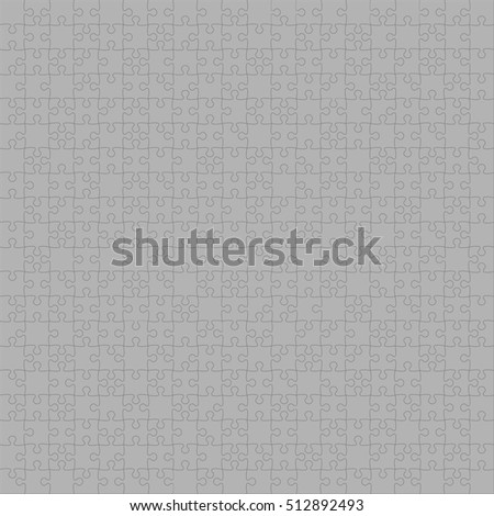 Puzzle background, banner, blank. Vector jigsaw section template. Background with puzzle 400 grey separate pieces, mosaic, details, tiles, parts. Square outline abstract jigsaw. Game group detail.