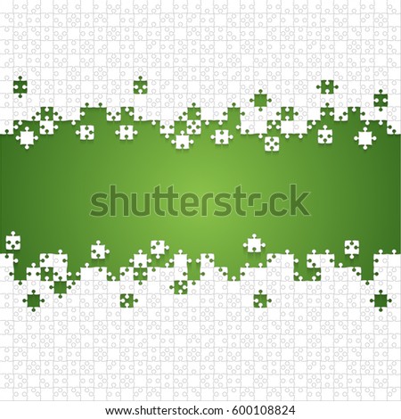 Puzzle background, banner, blank. Vector jigsaw section template. Background with green puzzle frame separate pieces, mosaic, details, tiles, parts. Square outline abstract jigsaw. Game group detail.
