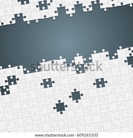 Puzzle background, banner, blank. Vector jigsaw section template. Background with white puzzle frame separate pieces, mosaic, details, tiles, parts. Square abstract jigsaw. Game group detail.