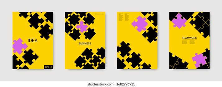Puzzle background. Colorful digital template. Colorful puzzle cover design. Jigsaw puzzle geometric flyer. Trendy vector poster. Corporative work concept. Set of business covers.