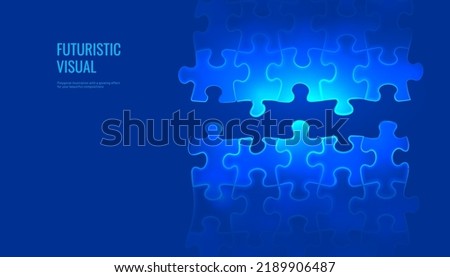Puzzle background in digital futuristic style. The silhouettes of the puzzle pieces are combined into a pattern. Vector illustration on a blue background.
