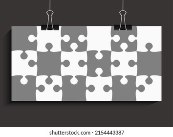 Puzzle background made white grey pieces. Vector banner jigsaw template with particles, details, tiles, parts. Poster frame pattern for education and presentation