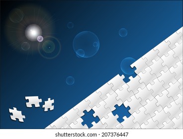 Puzzle background with shiny light and few pieces around