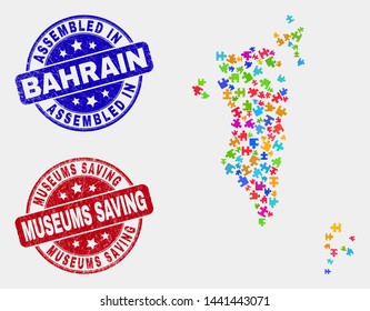 Puzzle Bahrain map and blue Assembled seal, and Museums Saving scratched seal. Colored vector Bahrain map mosaic of bundle units. Red round Museums Saving stamp.