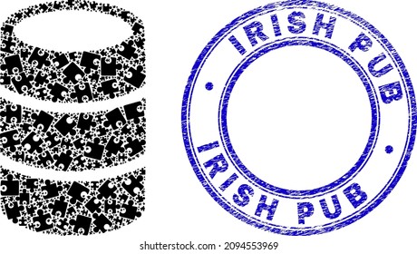 Puzzle barrel mosaic pictogram with Irish Pub seal stamp. Blue vector round scratched watermark with Irish Pub text. Abstract mosaic of barrel icon made of puzzle plugins.