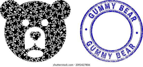 Puzzle bear head mosaic icon with Gummy Bear stamp. Blue vector round distress seal stamp with Gummy Bear title. Abstract mosaic of bear head icon made of puzzle items.