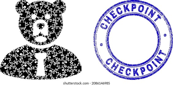 Puzzle bear manager mosaic icon with Checkpoint stamp. Blue vector rounded textured seal stamp with Checkpoint message. Abstract mosaic of bear manager icon designed of puzzle parts.