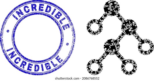 Puzzle binary nodes mosaic icon with Incredible seal. Blue vector rounded textured watermark with Incredible text. Abstract mosaic of binary nodes icon combined of puzzle elements.