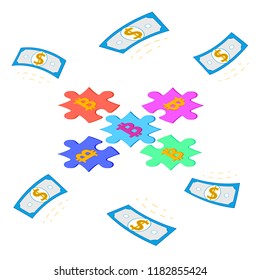 Puzzle with bitcoins in the center. Blockchain technology advertising vector illustration. Blockchain for business ad concept. Flying dollars. Vector business concept illustration.