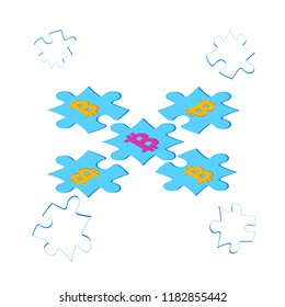 Puzzle with bitcoins in the center. Blockchain technology advertising vector illustration. Blockchain for business ad concept. Vector business concept illustration.