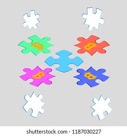 Puzzle with bitcoins in the center. Blockchain technology advertising vector illustration. Blockchain for business ad concept. Vector business concept illustration.