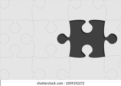 Puzzle black background, banner, blank. Vector jigsaw section template. Background with grey puzzle frame separate pieces, mosaic, details, tiles, parts. Rectangle abstract jigsaw. Game group detail.