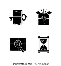 Puzzle black glyph icons set on white space. Find key to get out. Mystery box. Time countdown. Clues for riddle. Part of mystery quest. Silhouette symbols. Vector isolated illustration