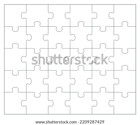 Puzzle blank pieces template or cutting outline guidelines of 30 pieces, 6 x 5 tiles vector jigsaw game