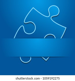 Puzzle blue background, banner, blank. Vector jigsaw section template. Background with puzzle frame separate pieces, mosaic, details, tiles, parts. Square jigsaw. One piece with tape, ribbon.