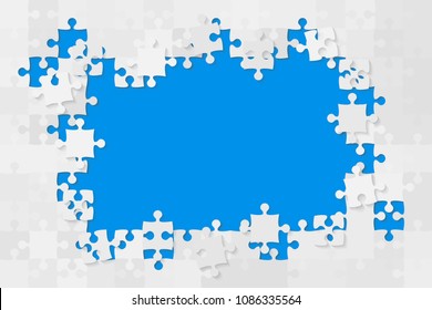 Puzzle blue background, banner, blank. Vector jigsaw section template. Background with grey puzzle frame separate pieces, mosaic, details, tiles, parts. Rectangle abstract jigsaw. Game group detail.