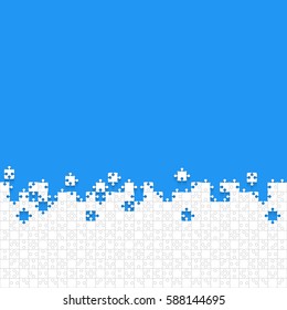 Puzzle blue background, banner, blank. Vector jigsaw section template. Background with puzzle frame separate pieces, mosaic, details, tiles, parts. Square outline abstract jigsaw. Game group detail.