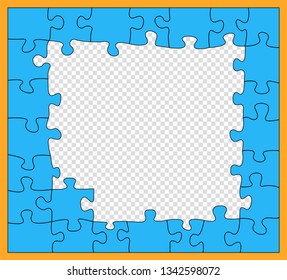 Puzzle, blue mosaic with dark outline, incomplete, flat style. Jigsaw pieces. Details unfold. Business concept. Vector pattern, isolated element on a transparent background.