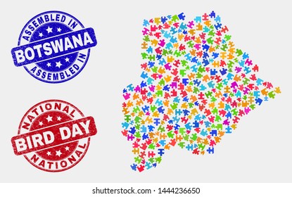 Puzzle Botswana map and blue Assembled seal, and National Bird Day grunge seal stamp. Colored vector Botswana map mosaic of puzzle items. Red rounded National Bird Day seal.