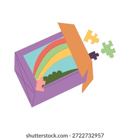 Caixa de enigma isolada sobre fundo branco. Ilustração de vetor plano em estilo de desenho animado bonito, perfeito para jogos infantis, educação, desenvolvimento lógico, atividades de aprendizagem, brinquedos, design de embalagem e conceitos de jogo.
