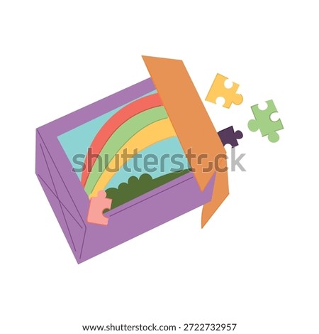 Puzzle box isolated on white background. Flat vector illustration in cute cartoon style, perfect for children games, education, logic development, learning activities, toys, packaging design, and play concepts.