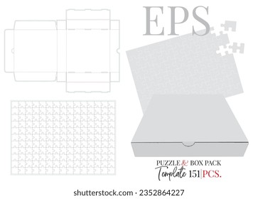 Puzzle and box pack template, vector with die cut, laser cut lines. White, clear, blank, isolated puzzle and box pack mock up on white background with perspective view. Packaging design