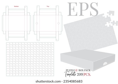 Puzzle and box pack template, vector with die cut, laser cut lines. White, clear, blank, isolated puzzle and box pack mock up on white background with perspective view. Packaging design