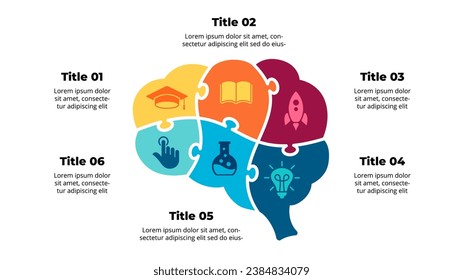 Puzzle Brain Anatomy Infographic. Education Creative Thinking. Emotional Intelligence. Diagram 6 parts, options. Generate Idea Brainstorm. Psychology, Medical or Science icon. Human Intellect