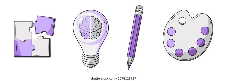 Puzzle, brain bulb, pencil, and palette icons with purple accents. Vector illustration