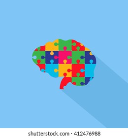 Puzzle Brain Icon - Isolated On Blue Background - Vector Illustration, Graphic Design. 